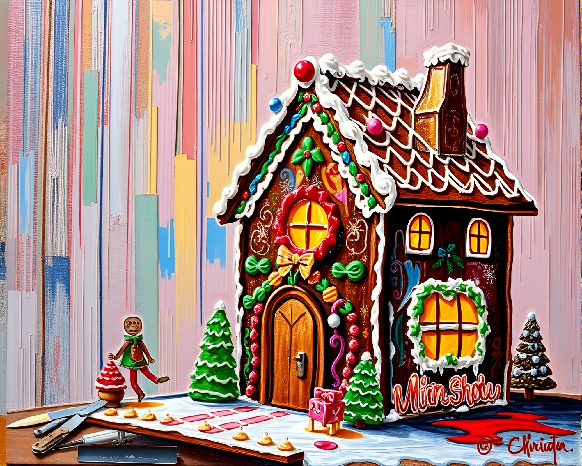 Gingerbread House in Neon Graffiti Cityscape – free AI stock image