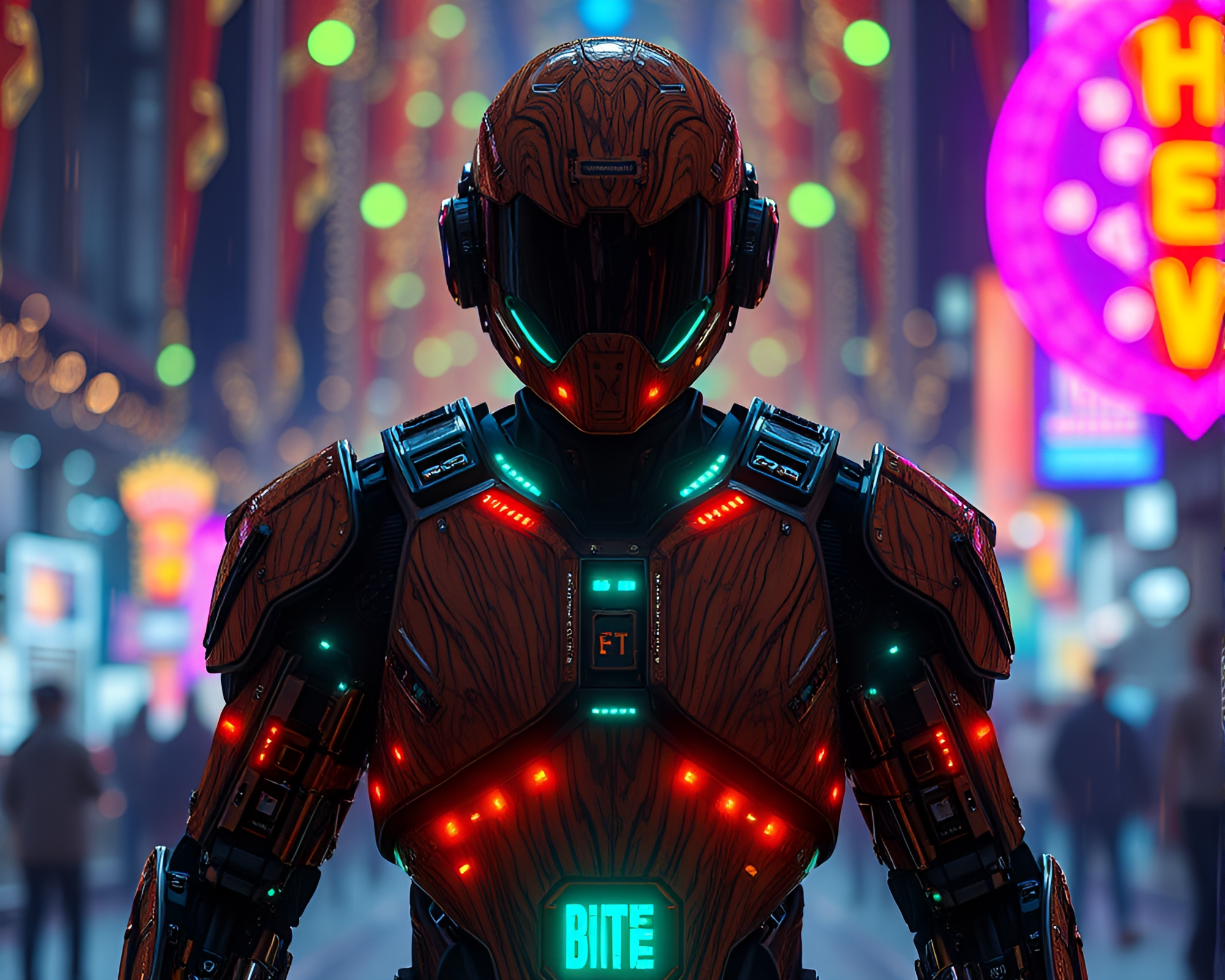 Futuristic Exoskeleton Suit at Carnival Wood Grain Lights – free AI stock image