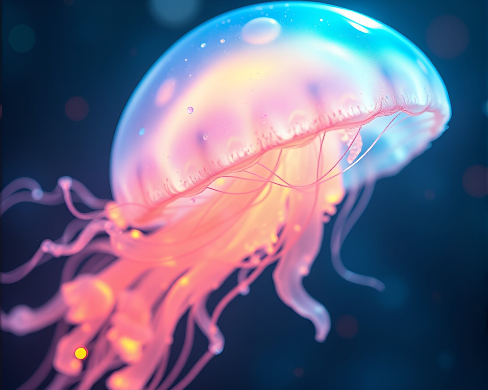 Colorful jellyfish glowing in iridescent bubbly cartoon world