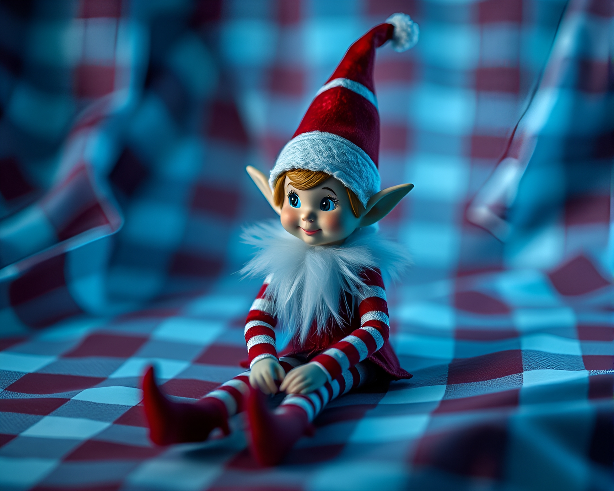 Elf Princess in Ice-Blue Checkered Forest – free AI stock image