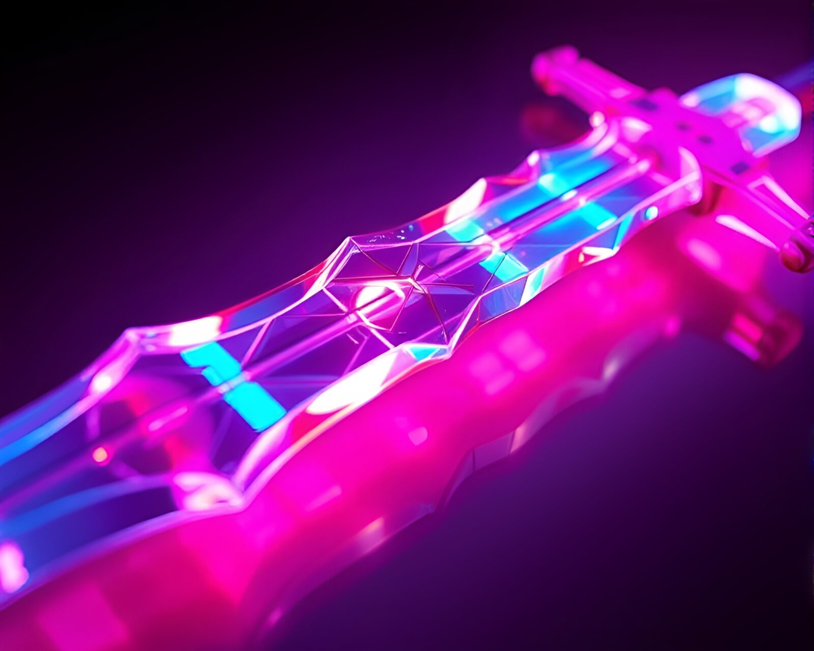 Vibrant neon sword fighting scene with shattered glass pieces