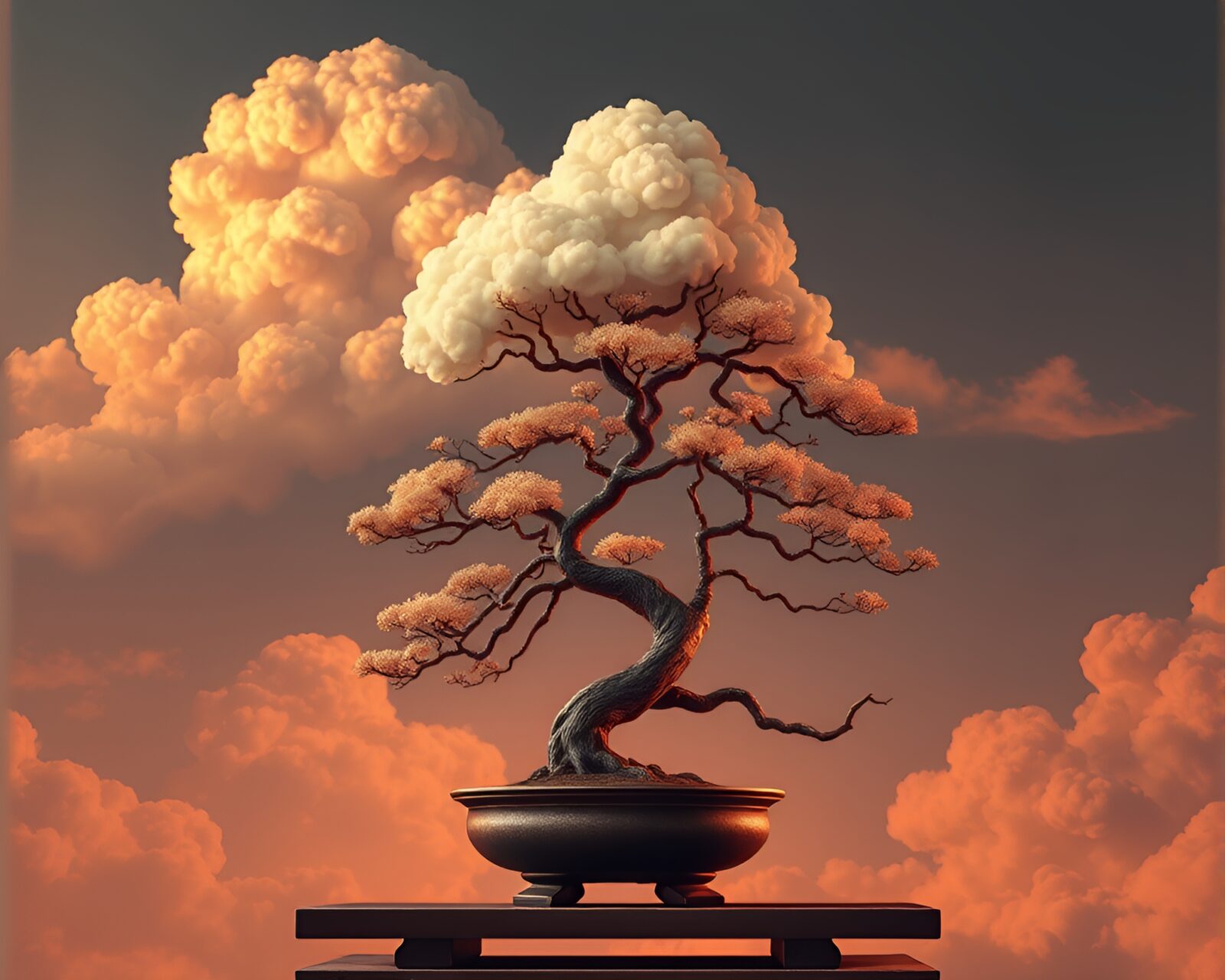 Ethereal bonsai tree illuminated by fireplace glow with dramatic clouds