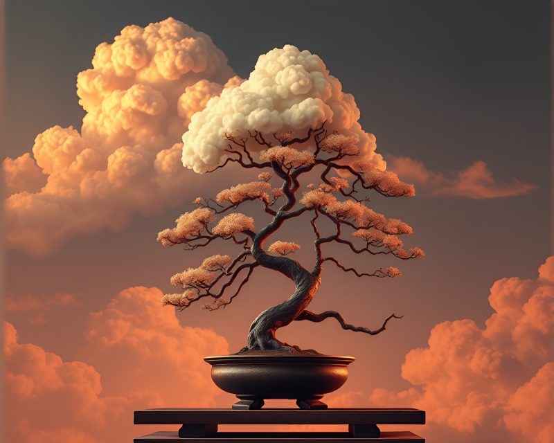 Majestic Bonsai Tree Under Vibrant Cloudy Sky – free AI stock image