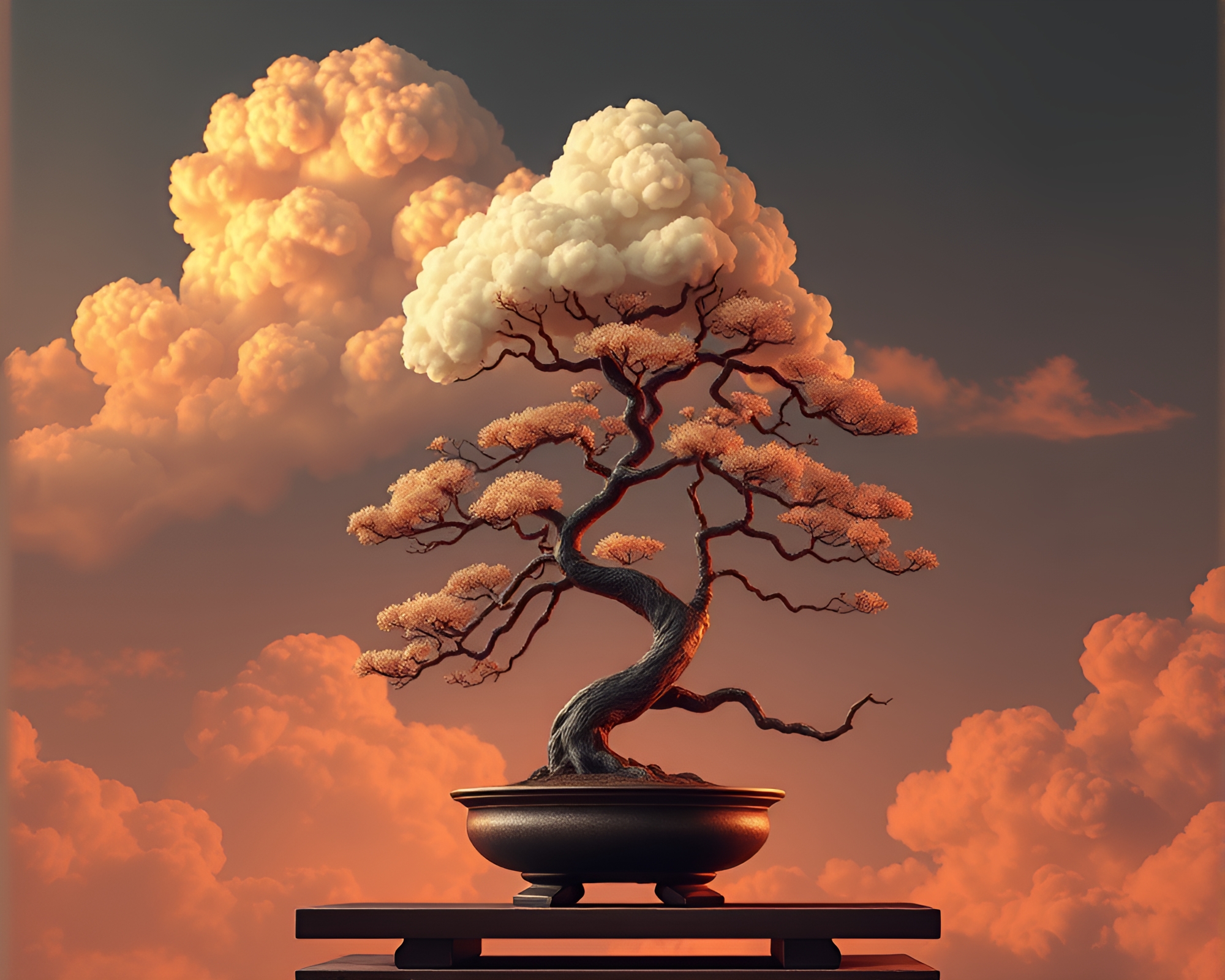 Majestic Bonsai Tree Under Vibrant Cloudy Sky – free AI stock image