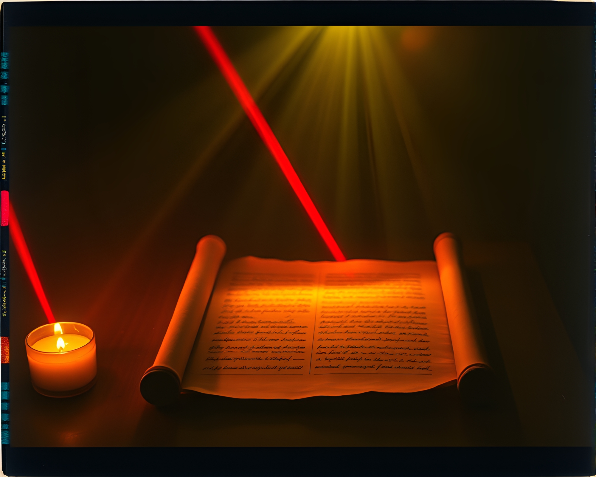 Laser Beams Illuminating Ancient Scroll in Polaroid Frame – free AI stock image