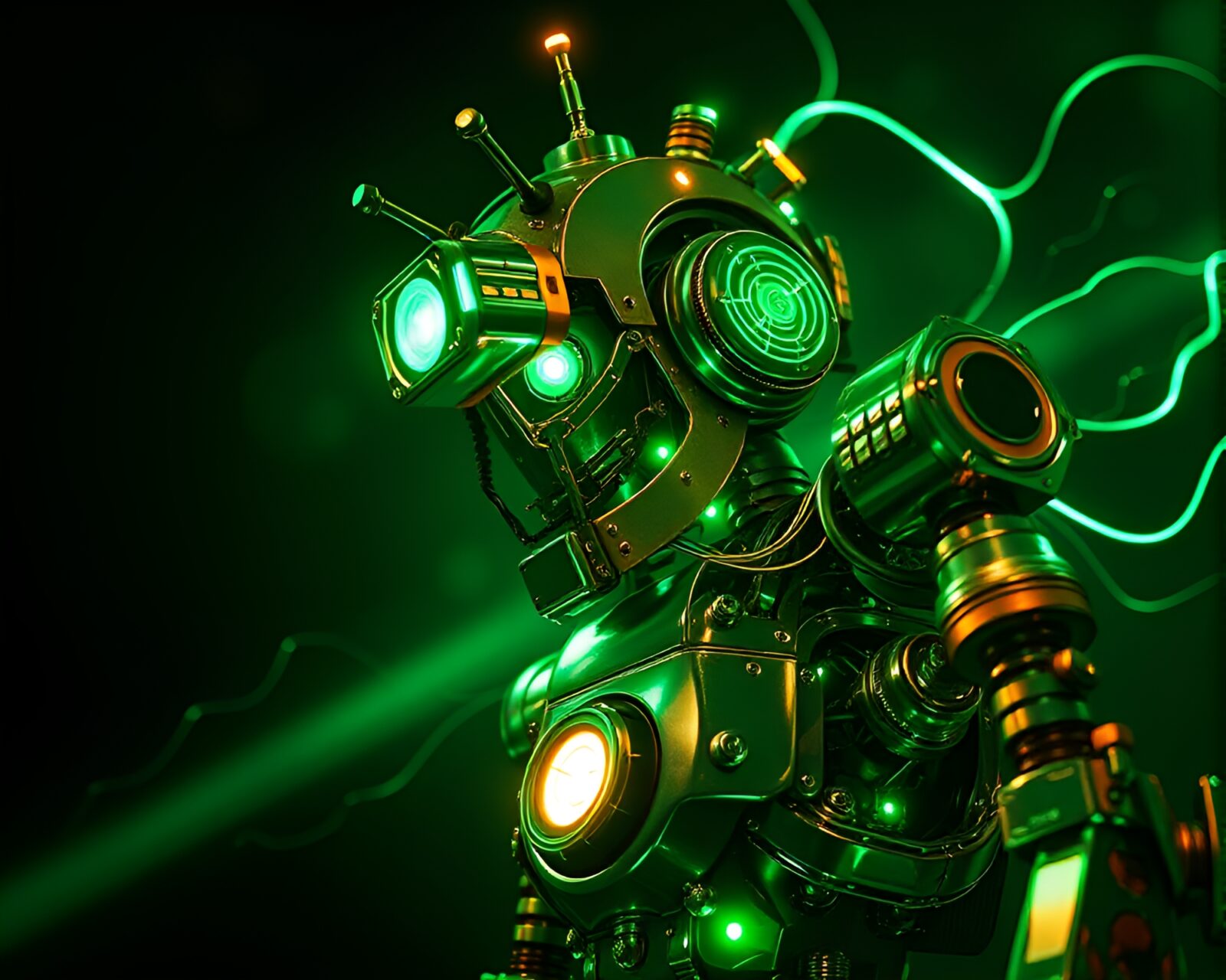 Dynamic angle of a green highlighted steampunk robot in motion