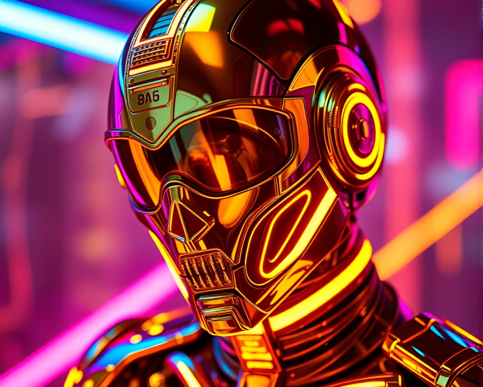 Futuristic cyborg in vibrant neon lights with gold foil highlights