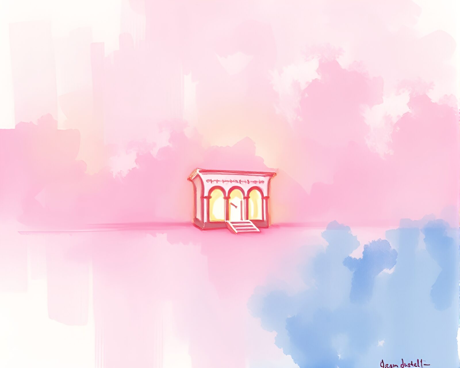 Dreamy pink-hued sunrise, painted in impressionist style.