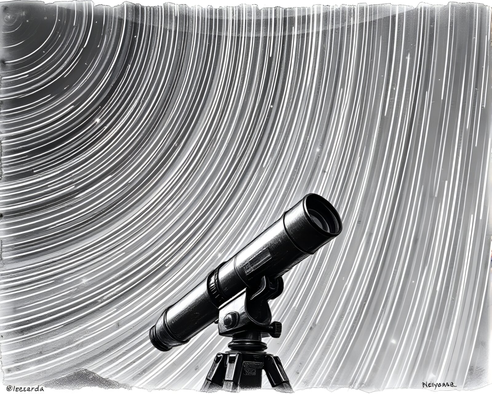 Ink wash artwork of vintage telescope revealing star trails