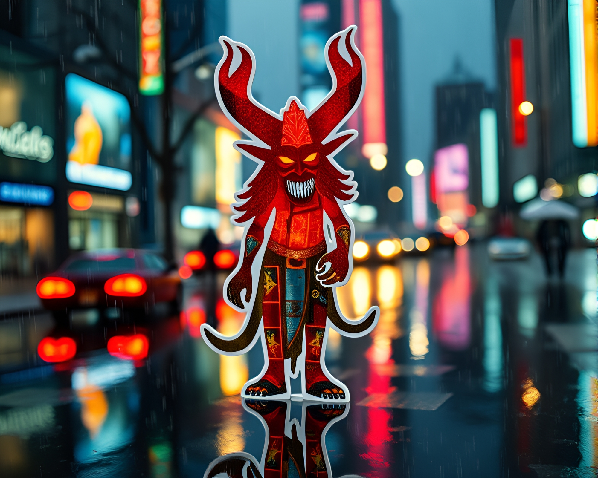 Whimsical Djinn Reflections in Rainy Tilt-Shift Cityscape – free AI stock image