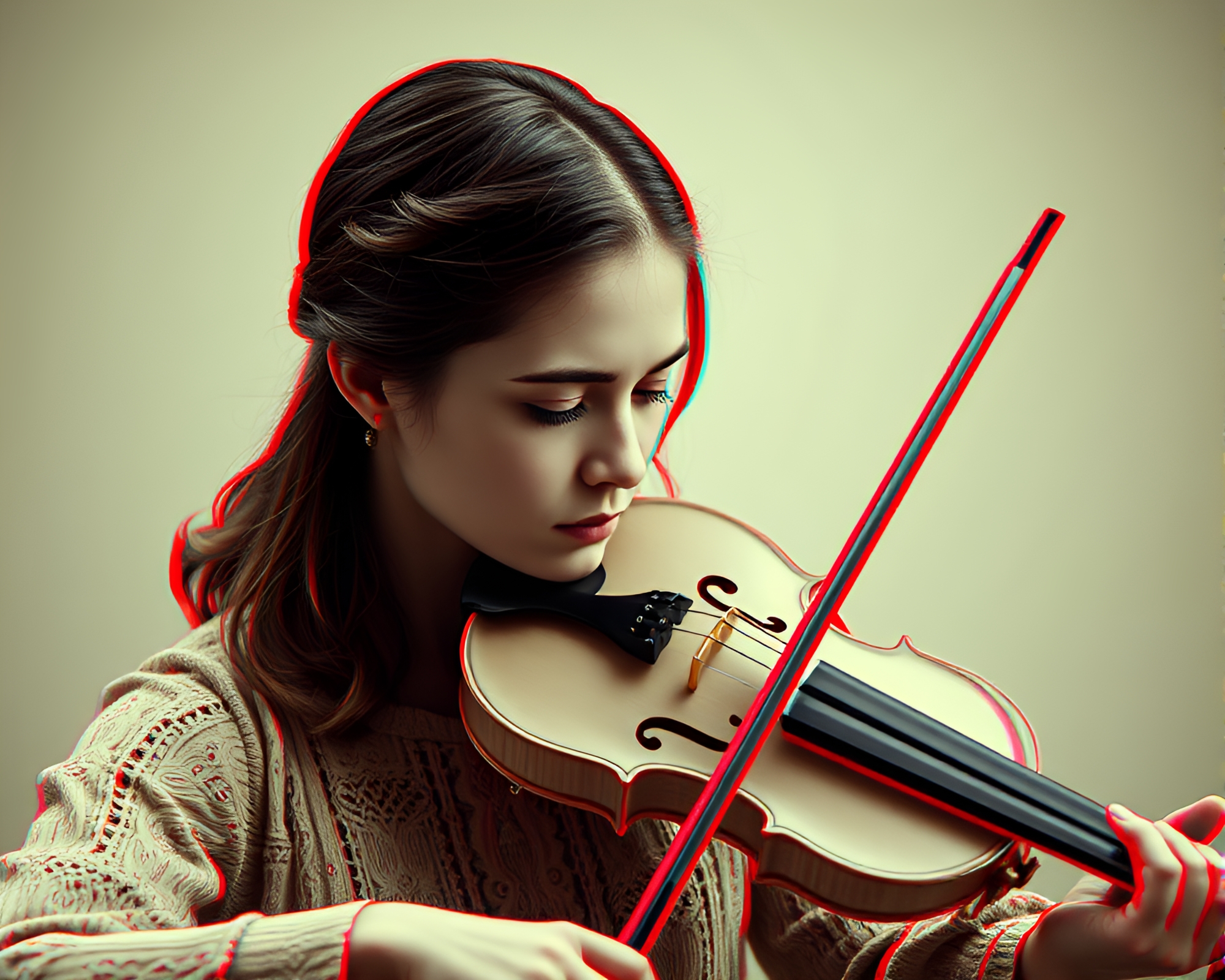 Ethereal Violinist in Ivory White Anaglyph 3D Portrait – free AI stock image