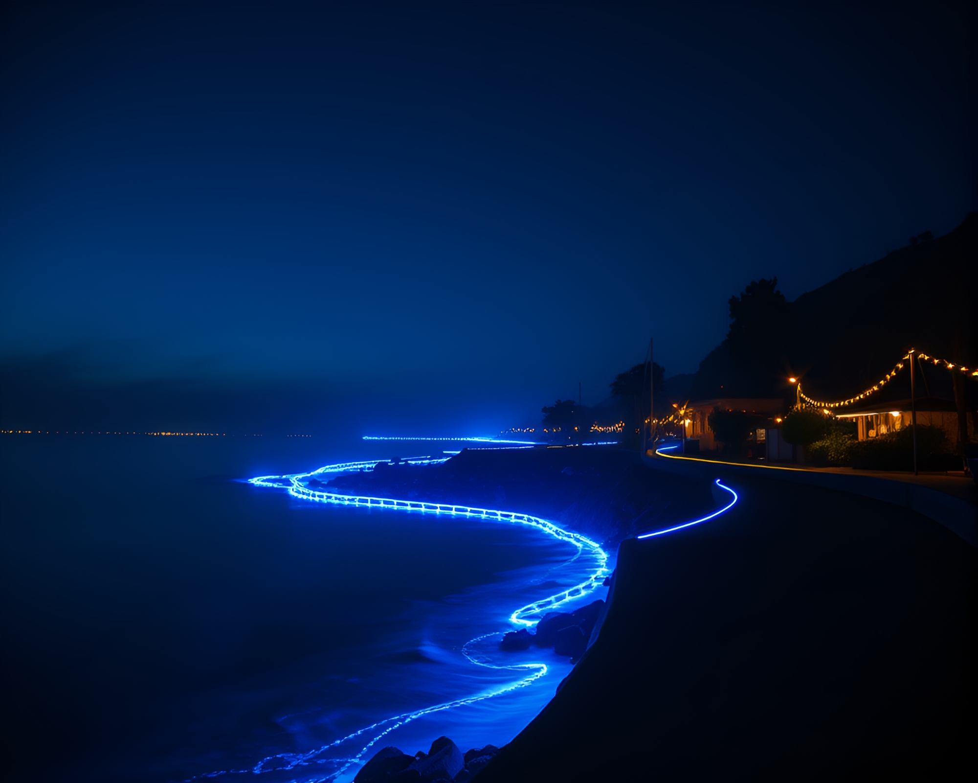 Oasis Path Illuminated by Firefly Luminescence at Blue Hour – free AI stock image