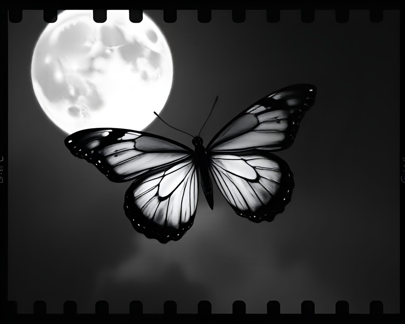 Lunar grayscale silk butterfly on a fluid film background