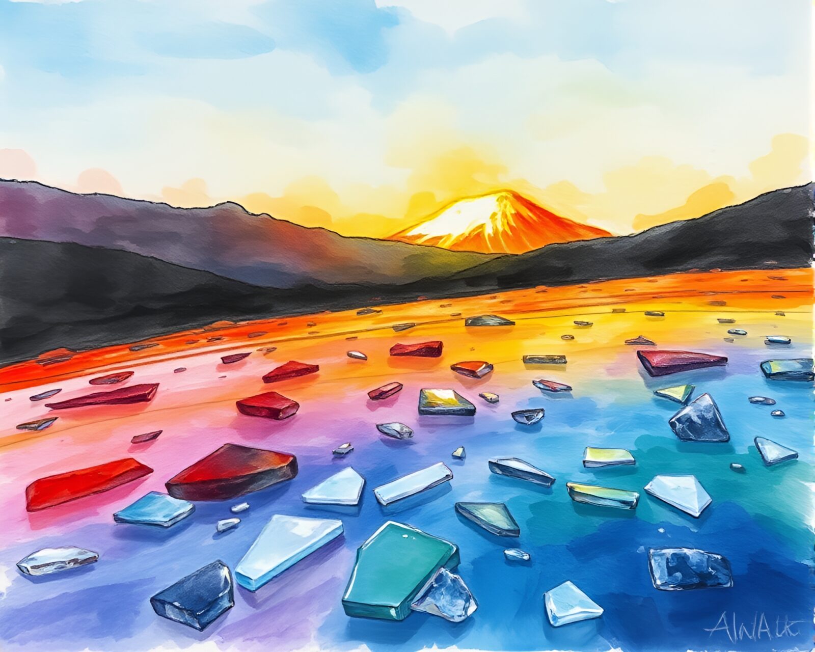 Colorful rainbow geyser field through broken glass, sumi-e style
