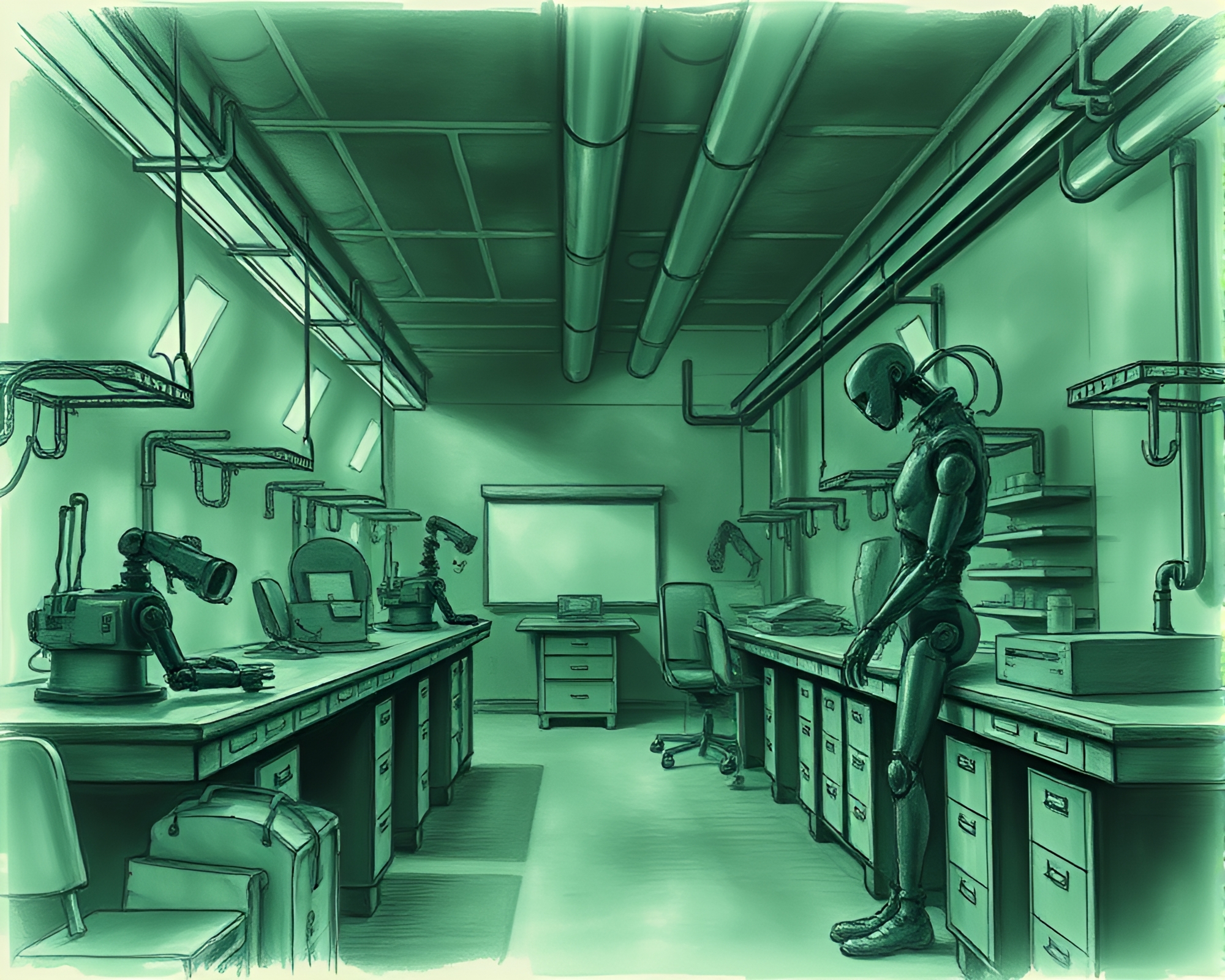 Robotic Laboratory Scene with Film Burn Effect – free AI stock image
