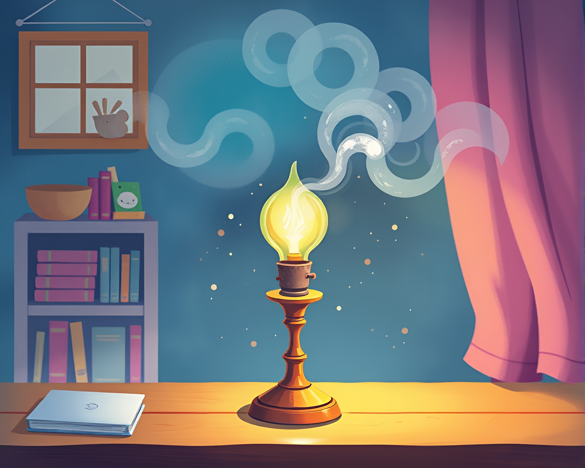Steamy Lamp Lit Children’s Book Illustration – free AI stock image