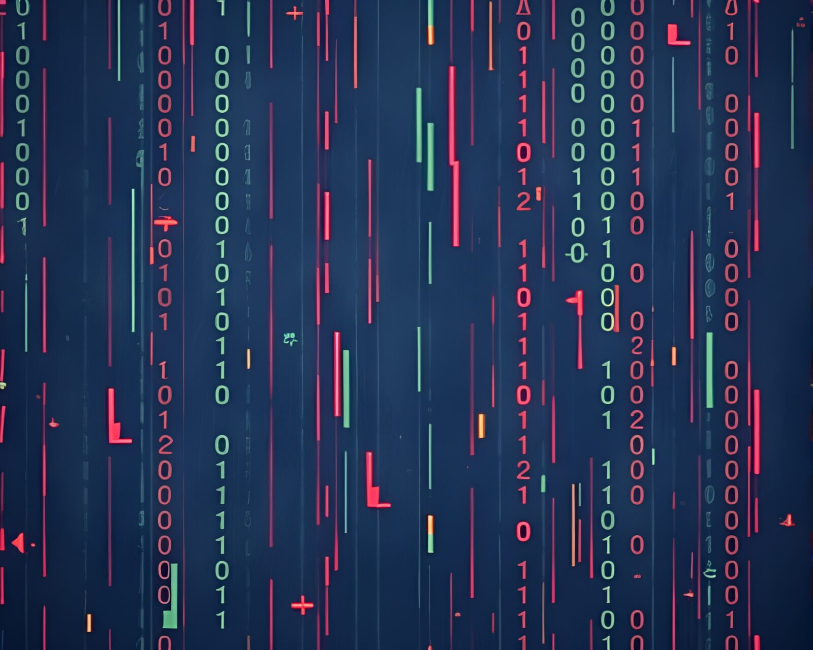 Binary code emitting from ethereal denim sky background