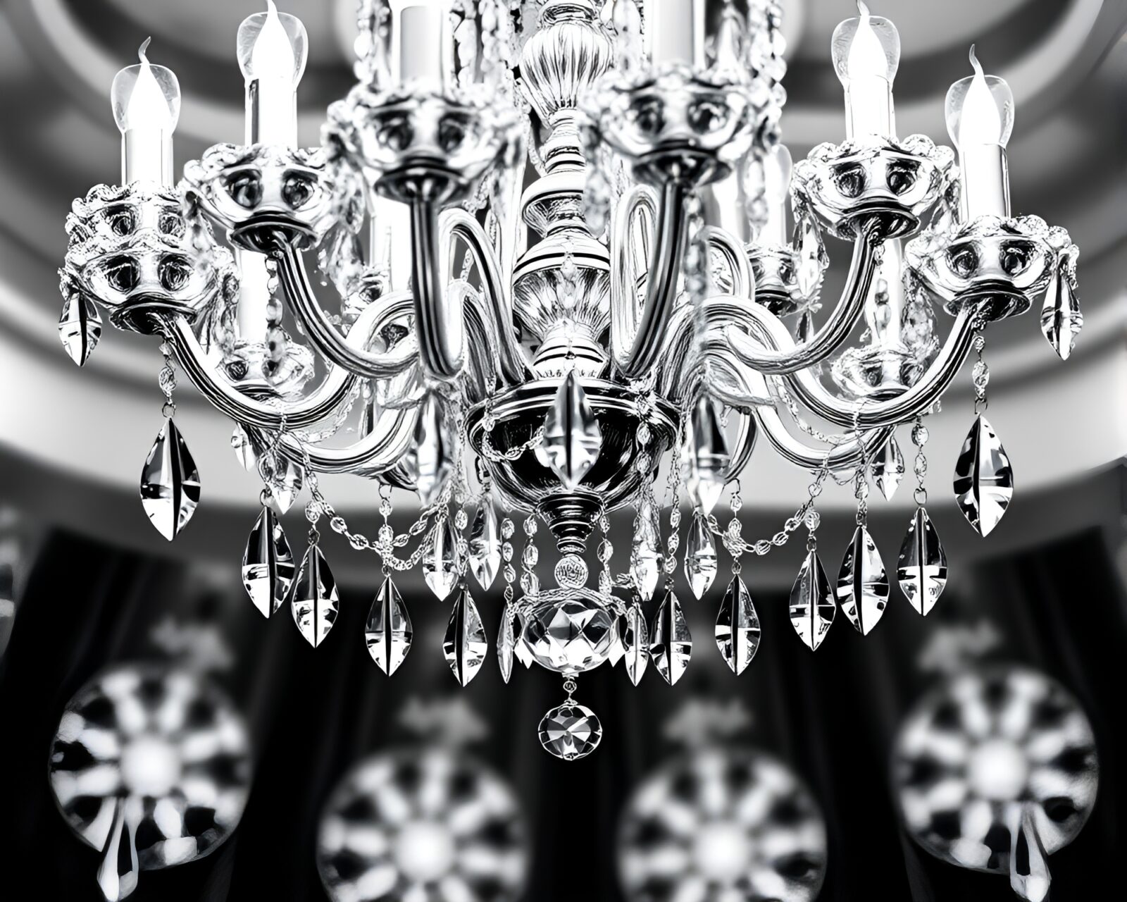 Editorial graphite gray illustration of a shimmering crystal chandelier