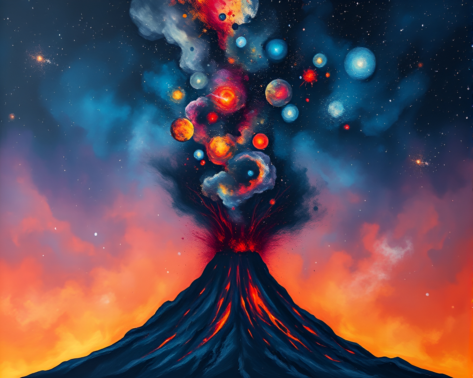 Volcanic Eruption Grid Overlay in Cosmic Fresco Painting – free AI stock image