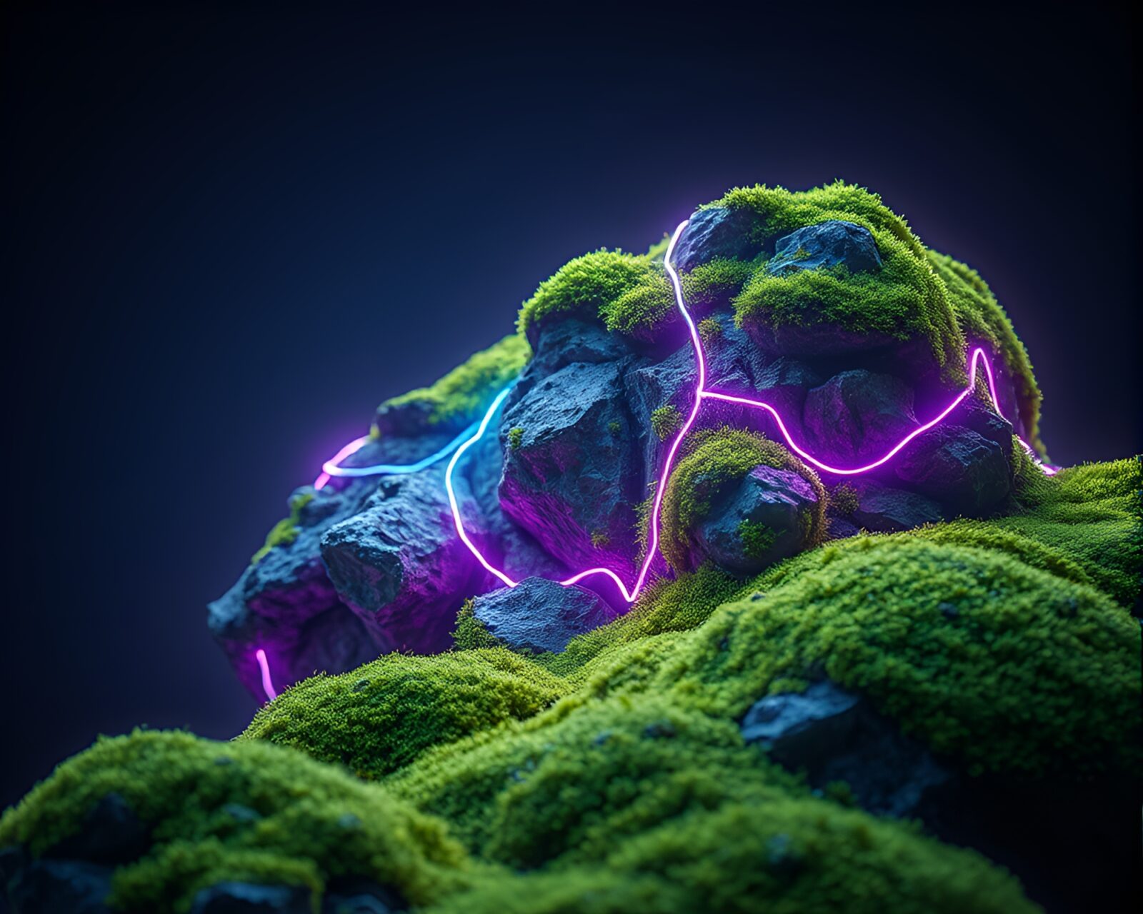 Vibrant neon wireframe on a serene moss-covered rock