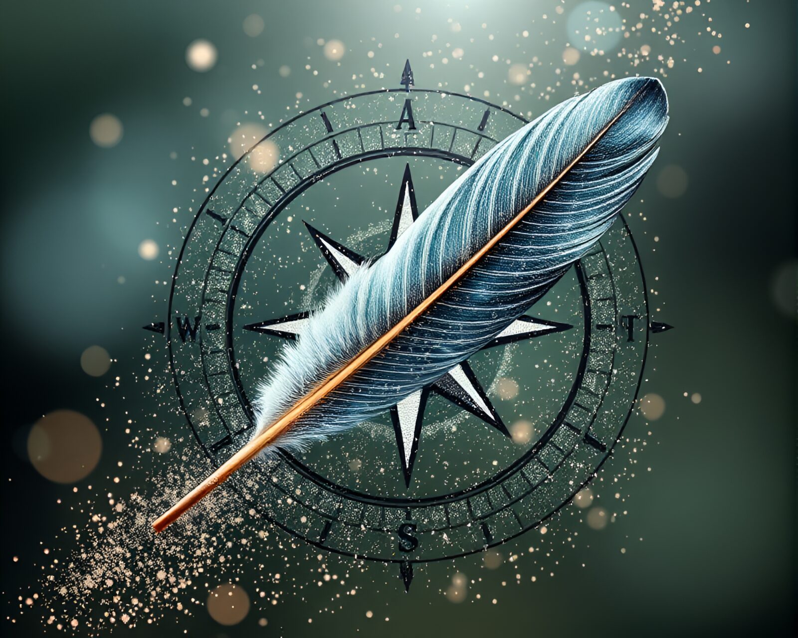 Feather duster arranging stardust over intricate botanical compass