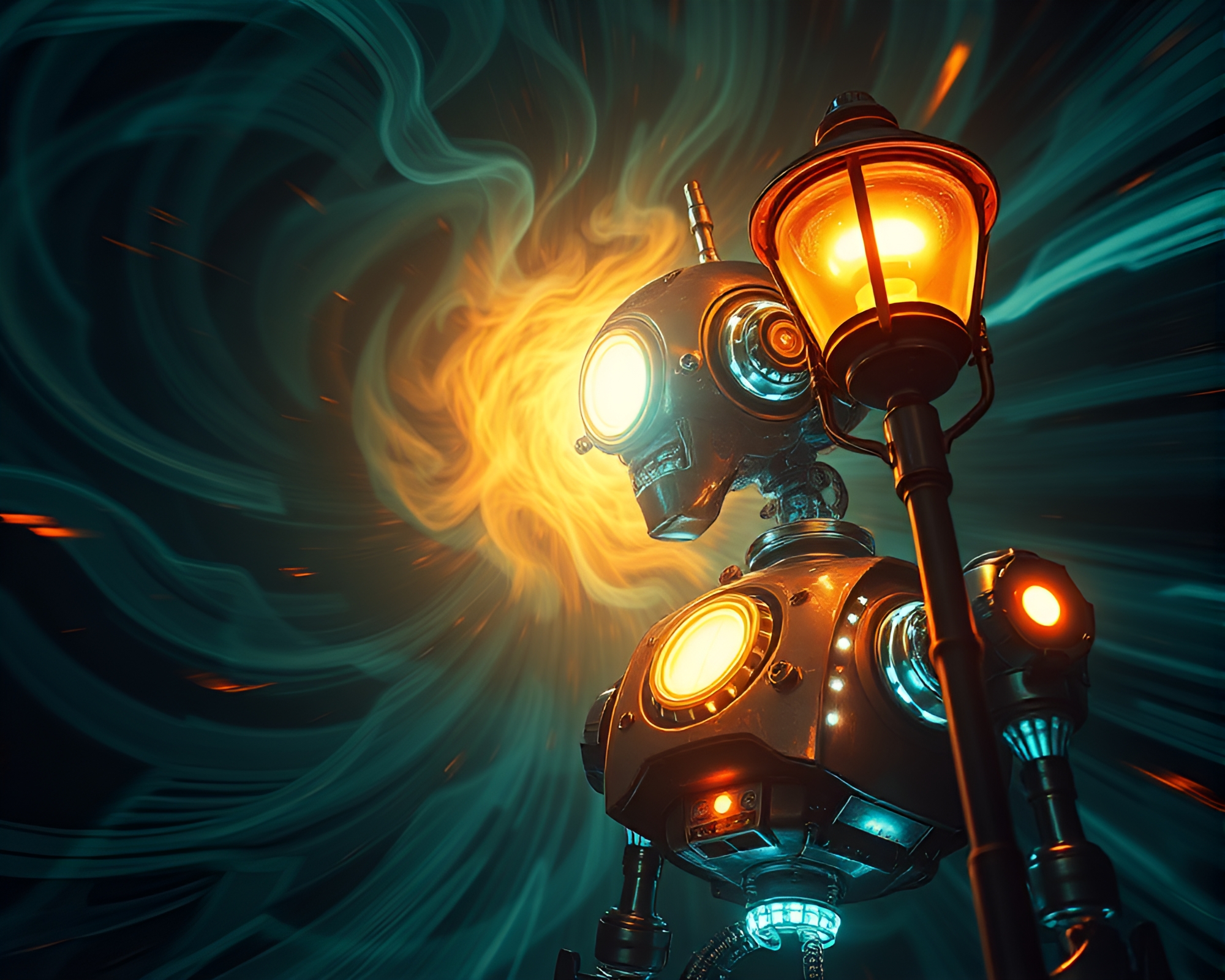 Steampunk Robot in X-Ray Swirling Vortex – free AI stock image
