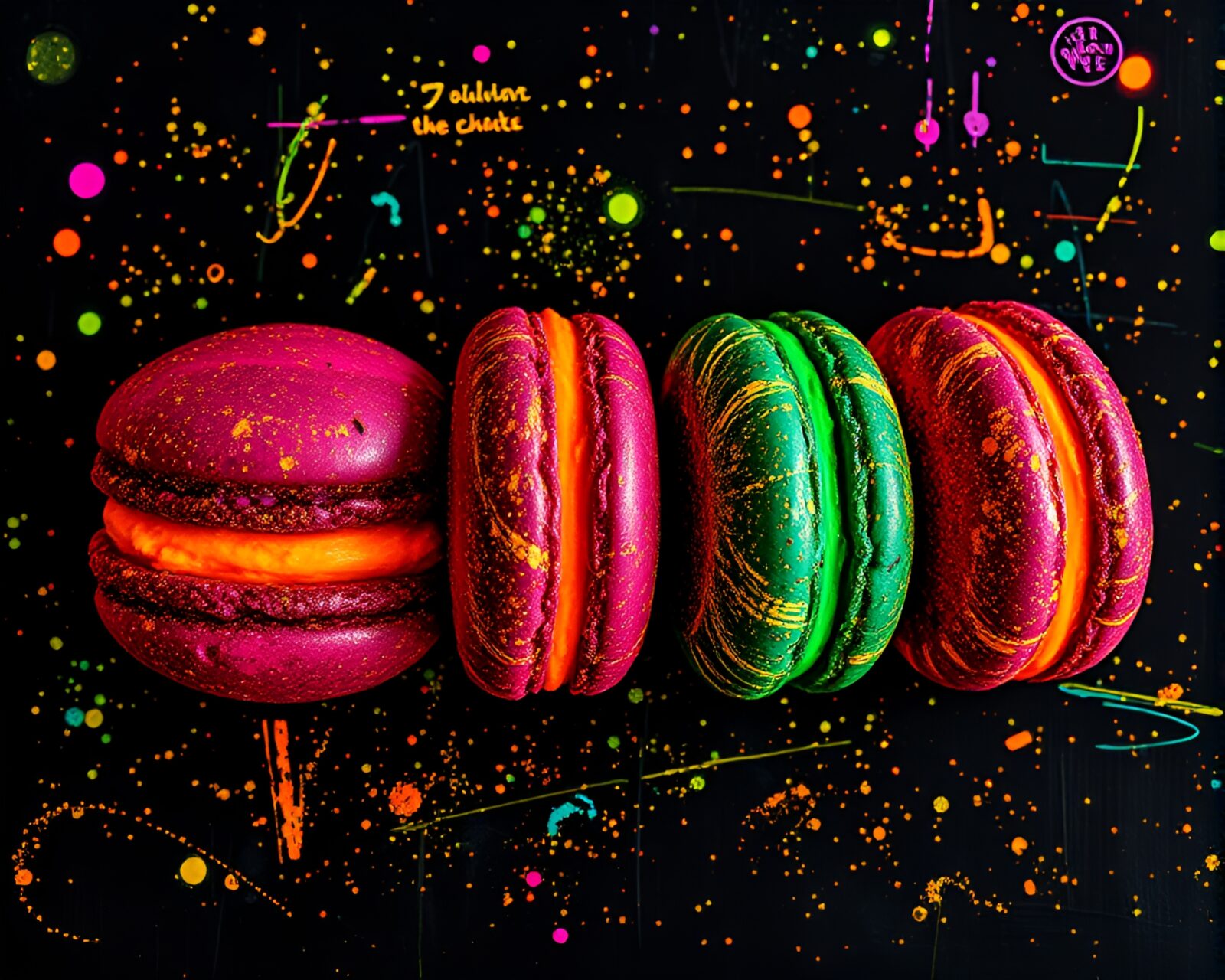 Colorful macarons glowing under fluorescent lights with metallic scratches