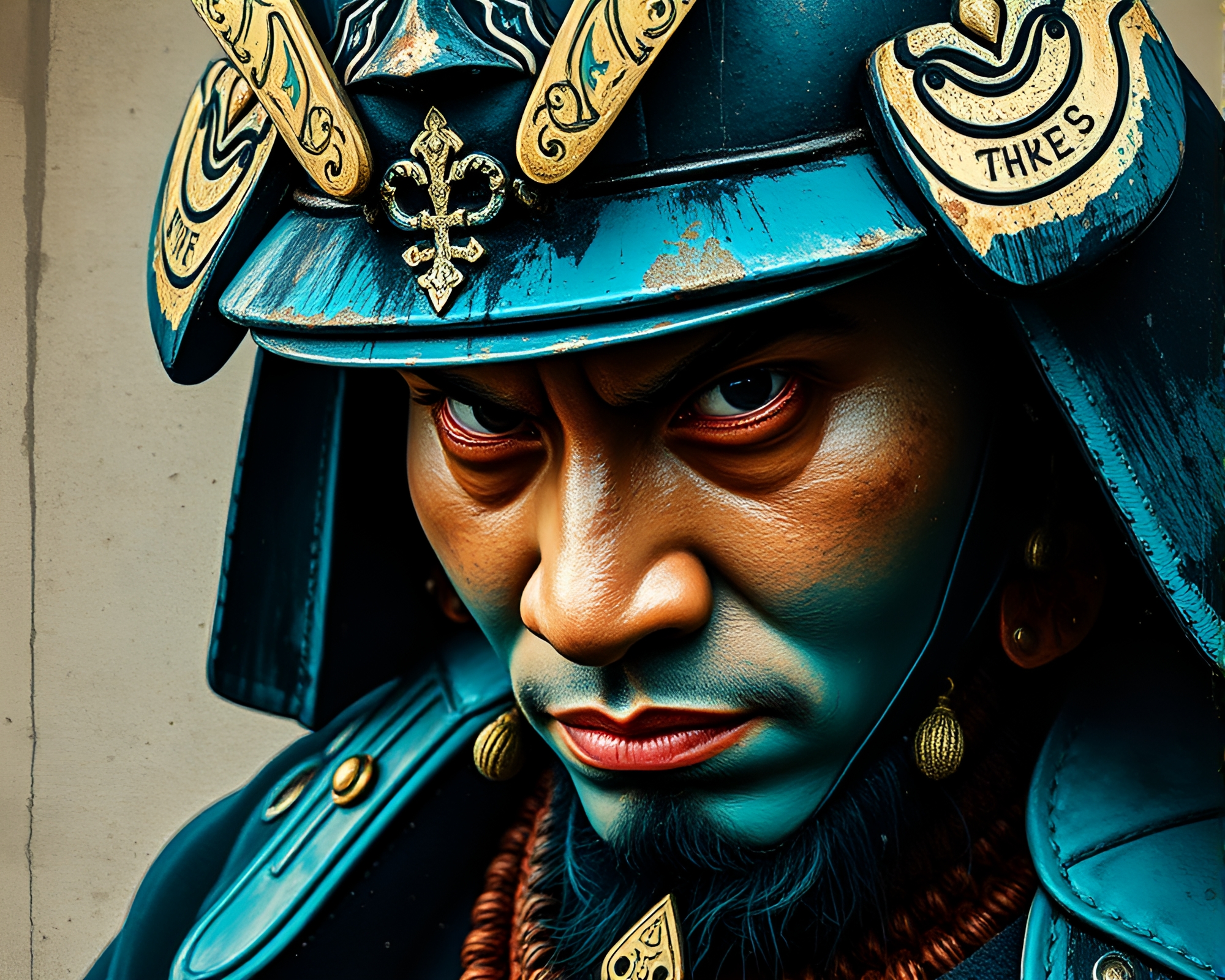 Turquoise Samurai Warrior Close-Up Sgraffito Art – free AI stock image