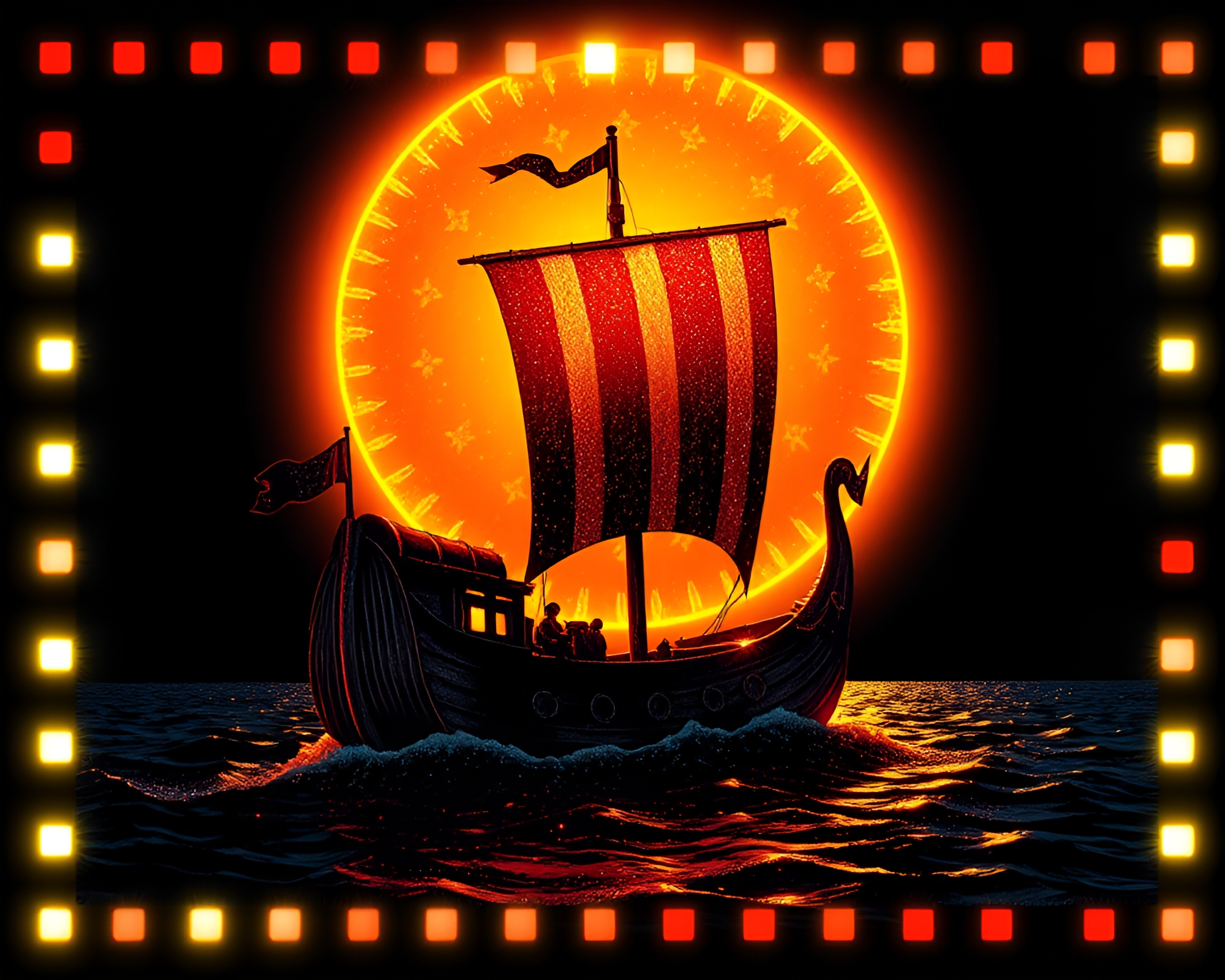 Viking Longship Under Solar Flare Stippling Sky – free AI stock image