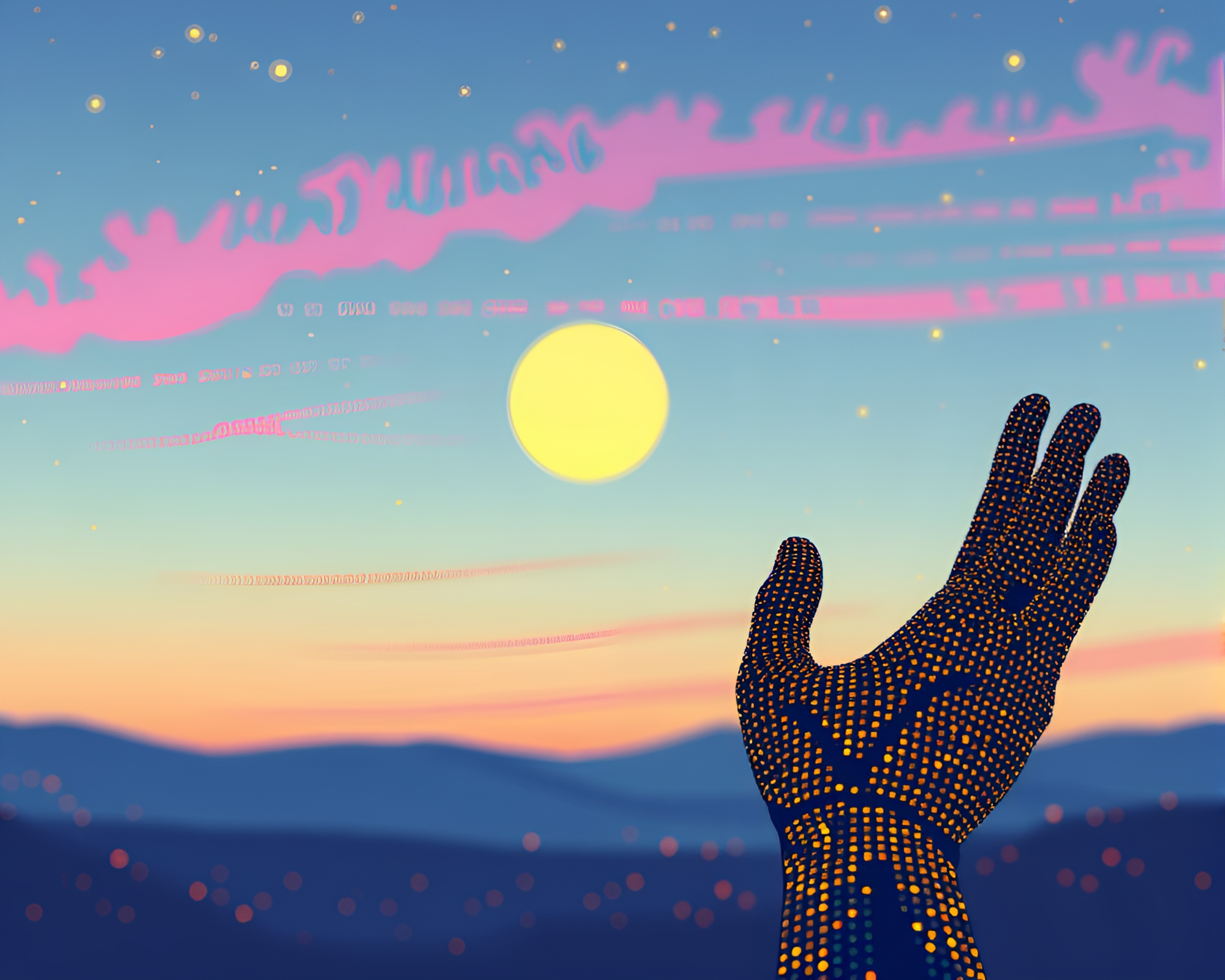 Cybernetic Hand Reaching Through Pastel Candlelit Dots – free AI stock image