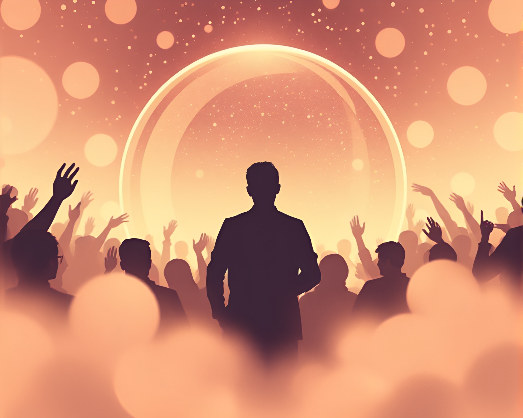 Mesmerizing Glass Orb Silhouettes in Ethereal Crowd Scene – free AI stock image