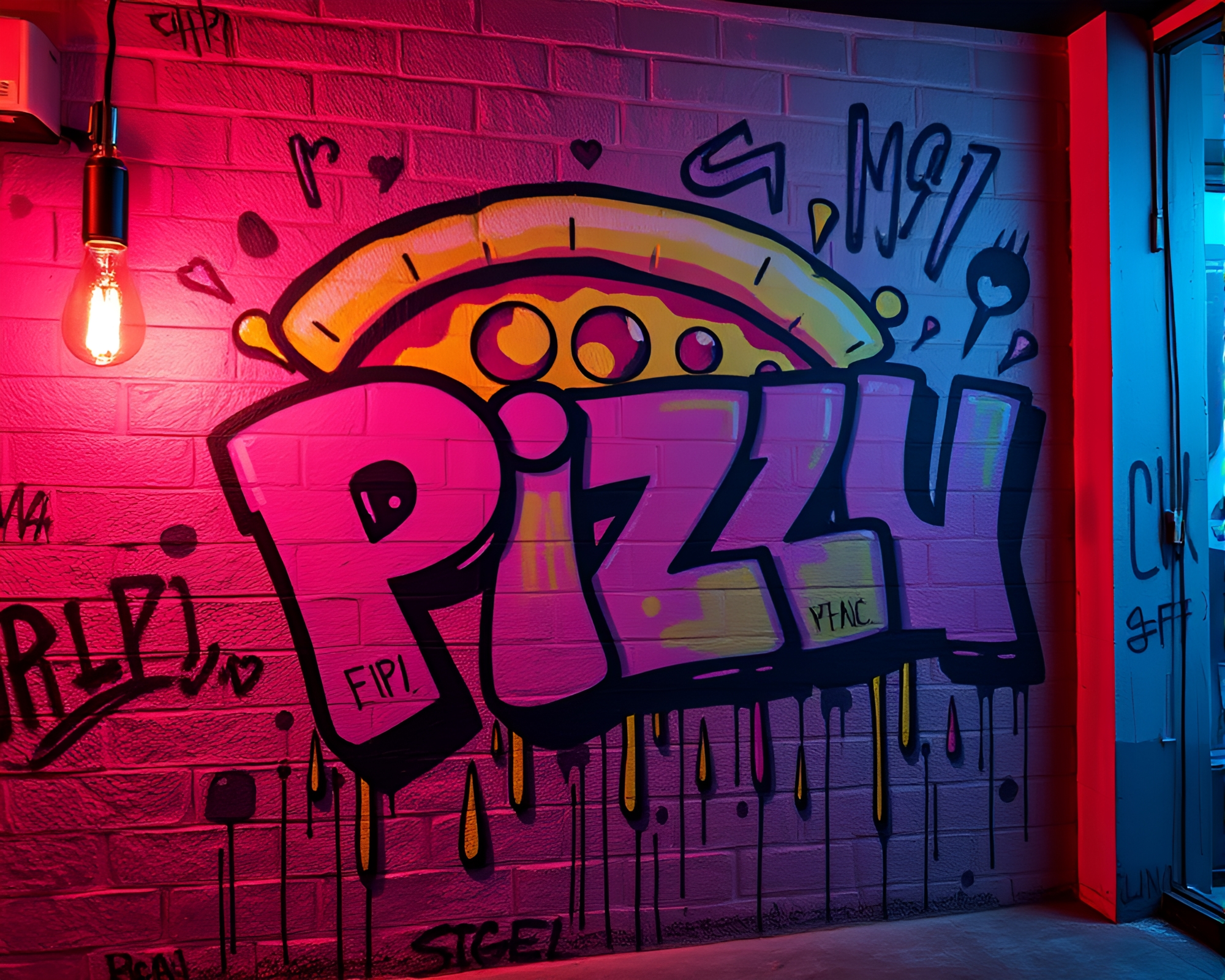 Neon Pizza Hues: Strobe-Lit Graffiti Rave Scene – free AI stock image