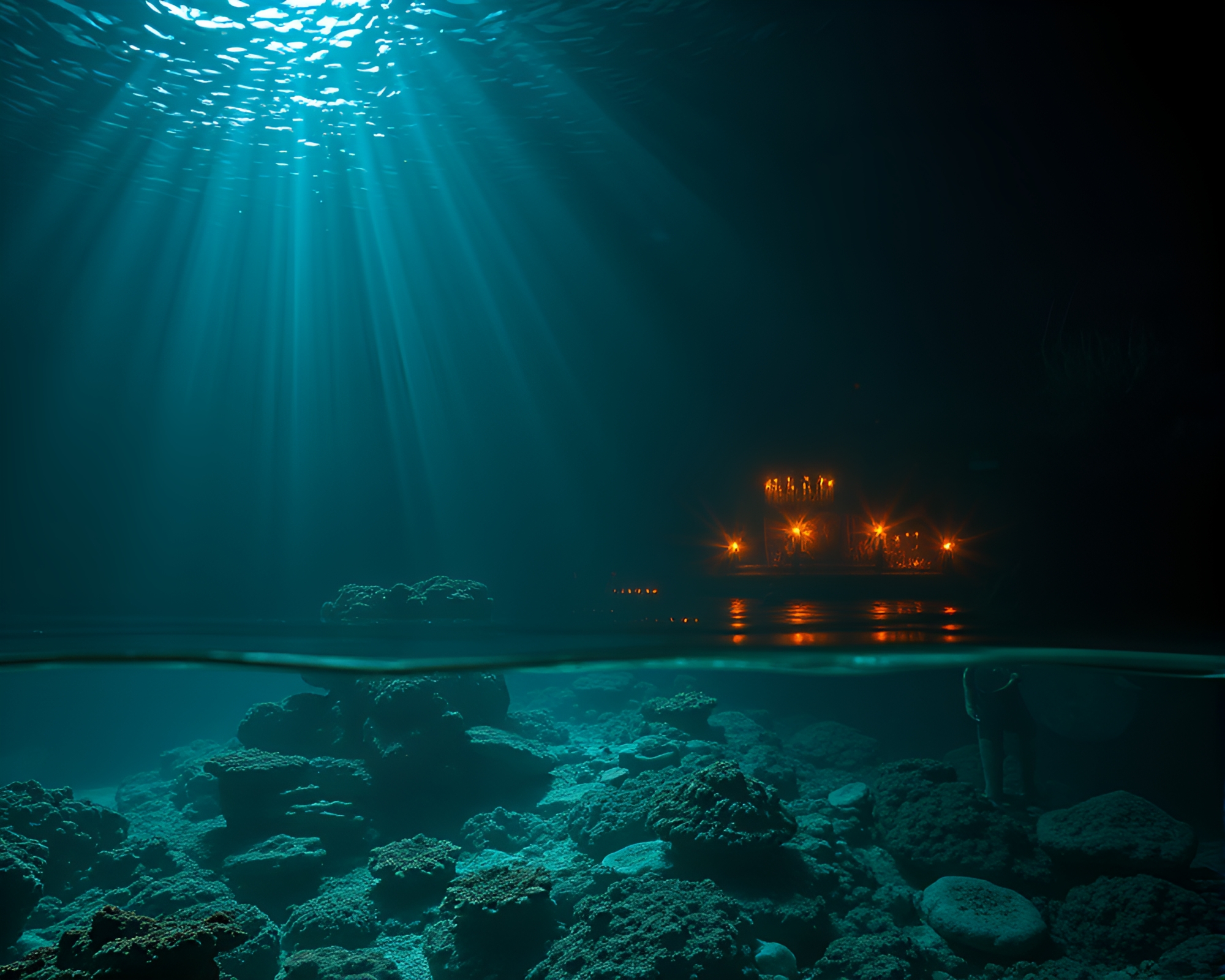 Intricate Candlelit Reef: High-Contrast Noir Illustration – free AI stock image