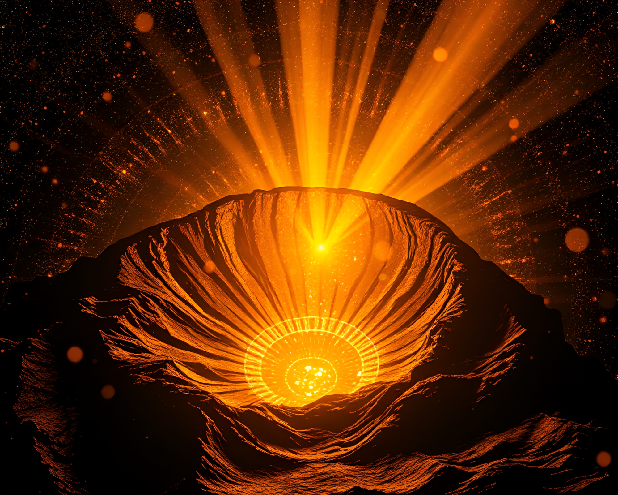 Volcano Crater Within Golden Spiral Mosaic Pattern – free AI stock image