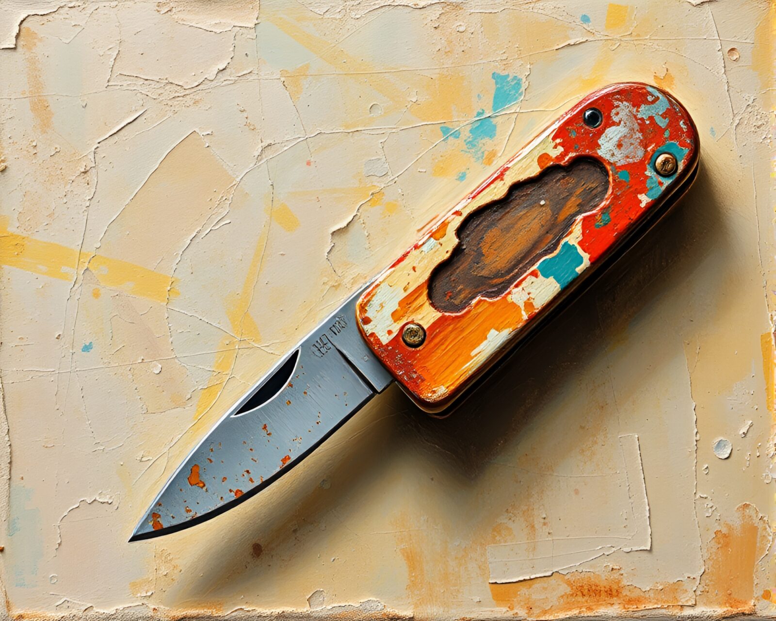 Tilted angle view of a weathered pocketknife in soft hues