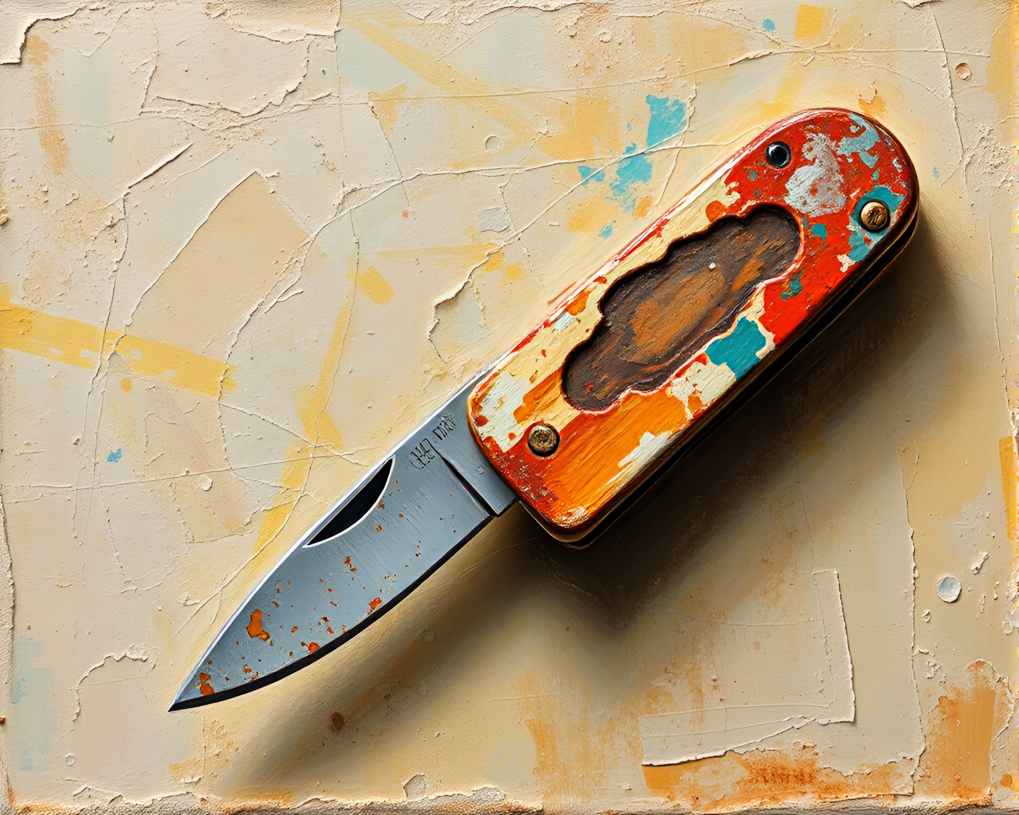 Rusty pocketknife amidst soft pastel fresco composition – free AI stock image