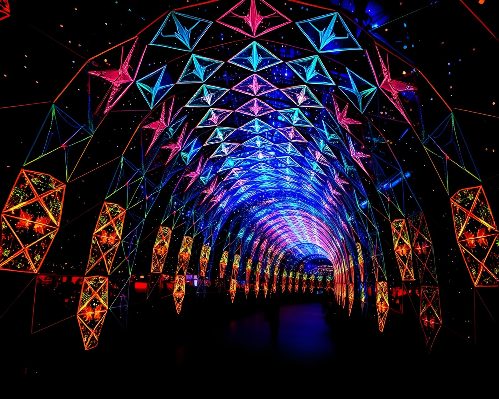 Surreal glowing glass tunnel with intricate pointillism patterns