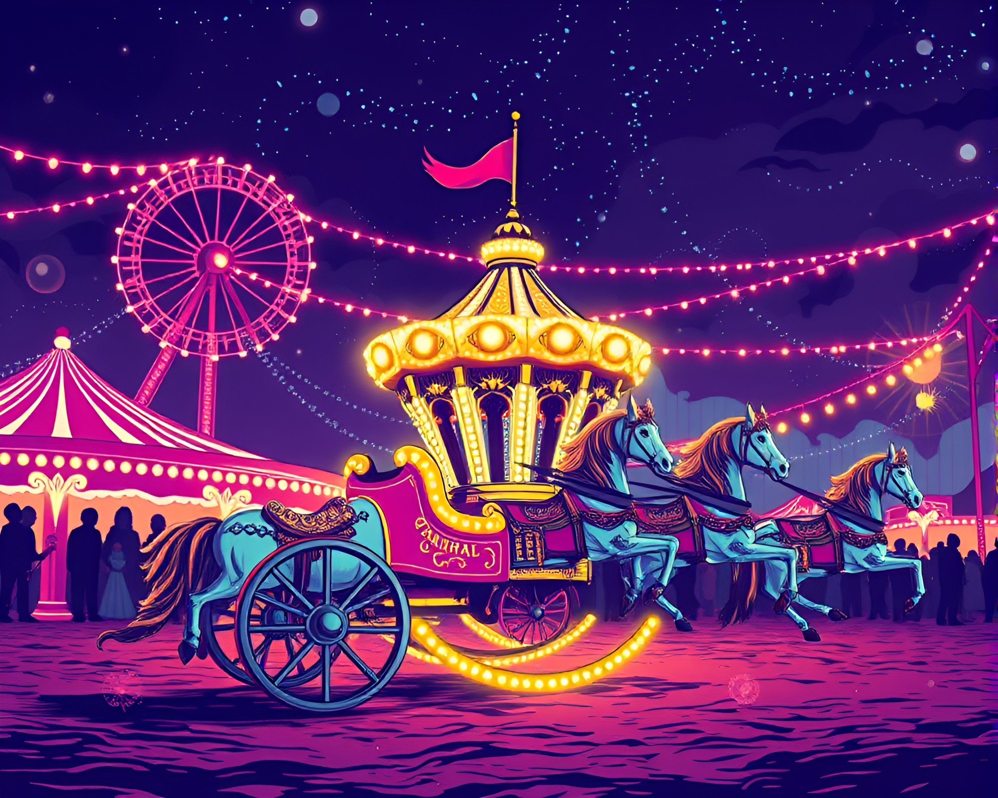 Manga Chariot Rides Under Carnival Halftone Lights – free AI stock image