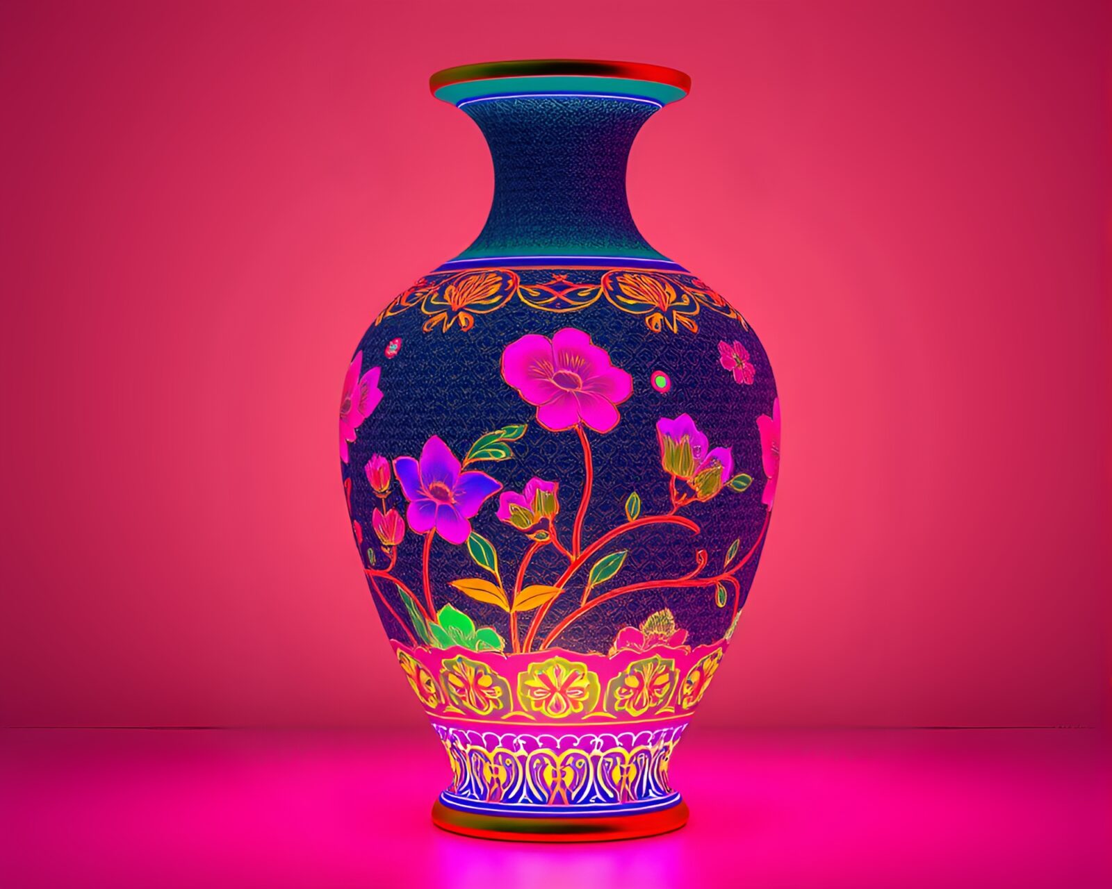 High-poly 3D render of a neon cloisonné vase with paper tears