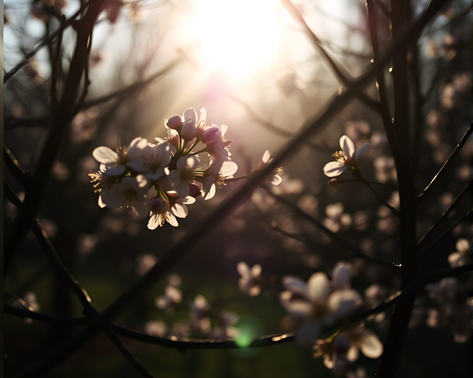 Vibrant cherry blossoms in natural light with dramatic shadows
