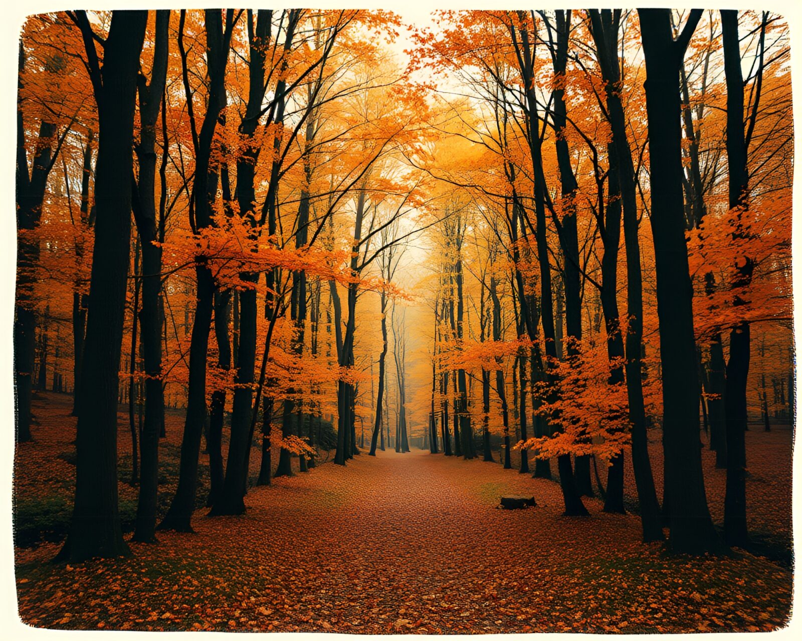 A mystical autumn forest in VHS distortion and sumi-e brushwork