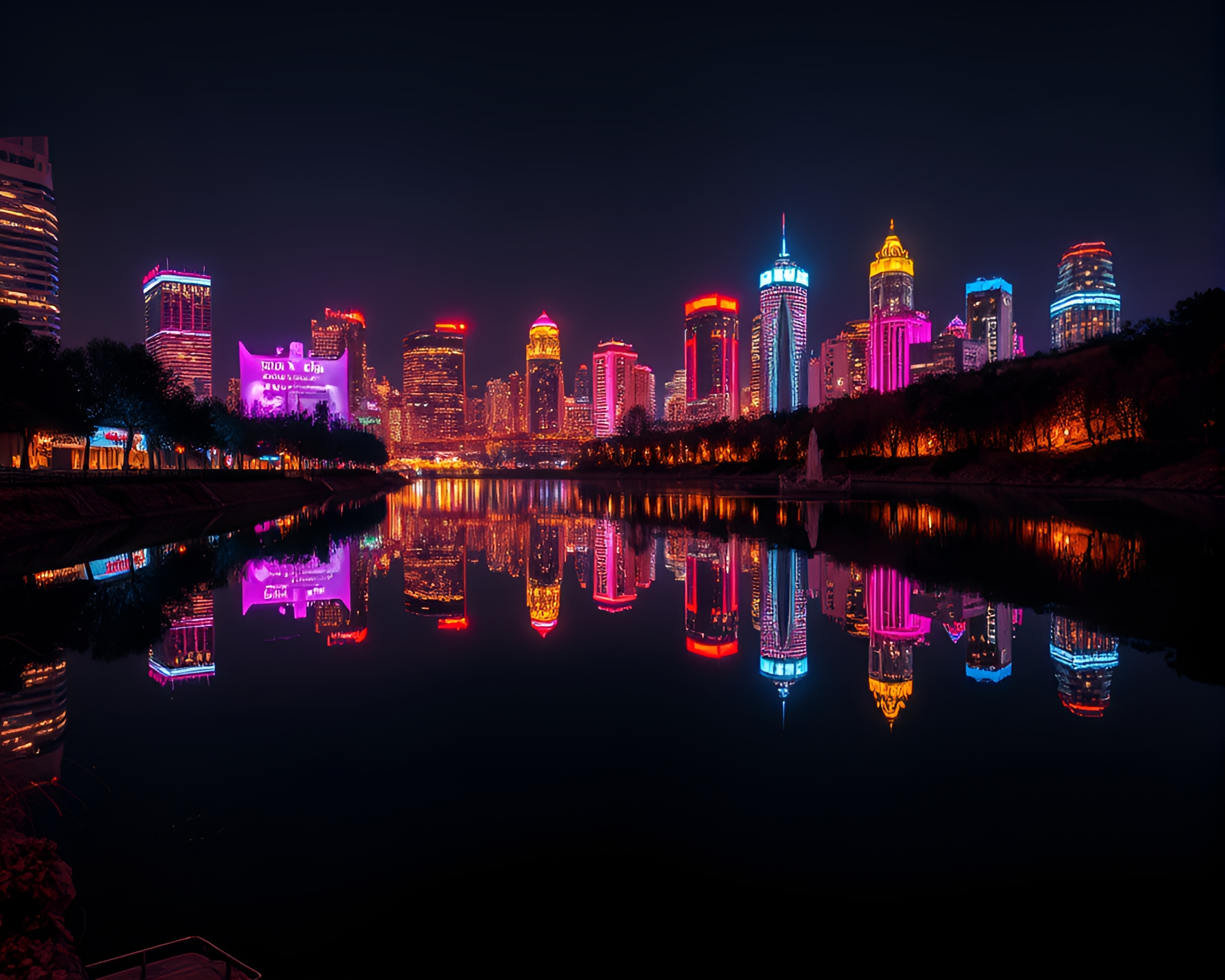 Urban Plateau: Neon River Reflections – free AI stock image