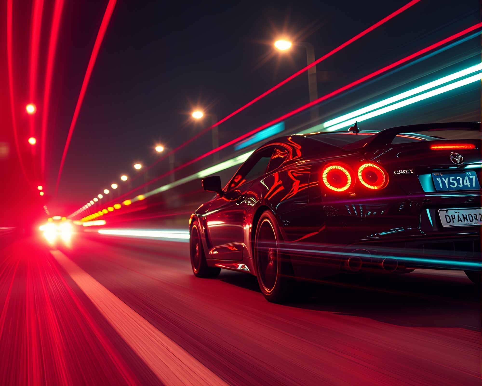 Retro Armadillo hologram amongst car light trails – free AI stock image
