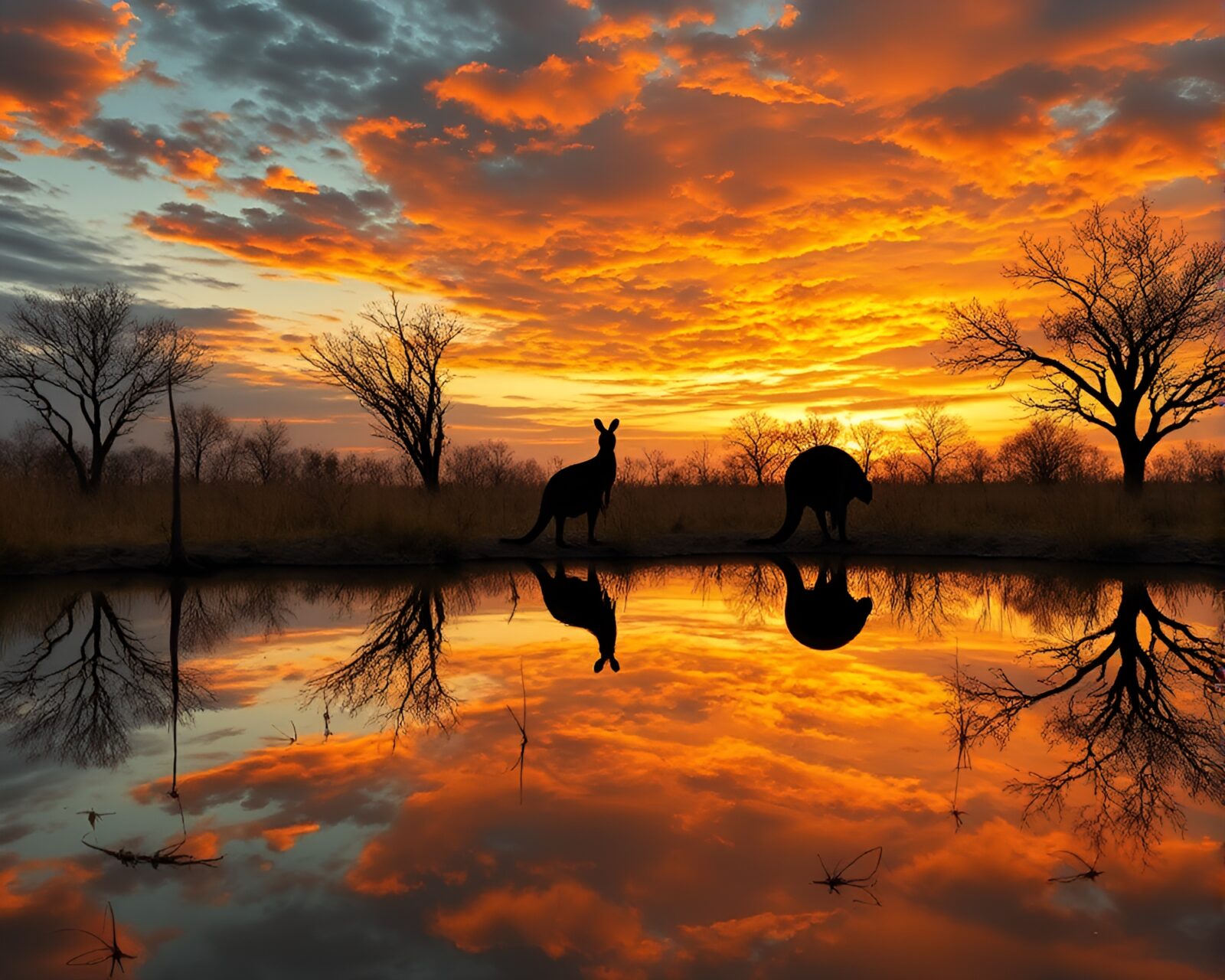 Divisionism art showing kangaroo in golden savannah with reflections