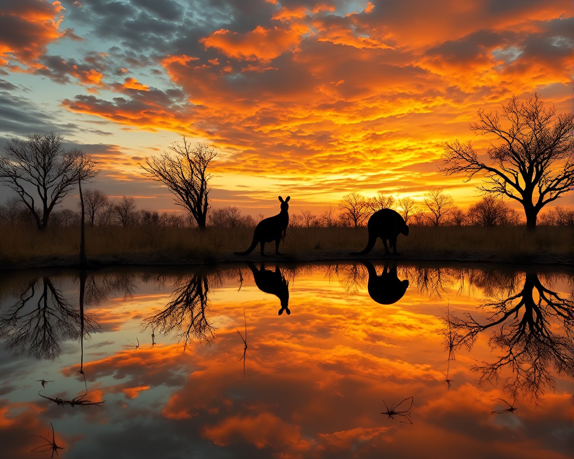 Double Reflection: Kangaroo in Savannah Golds – free AI stock image