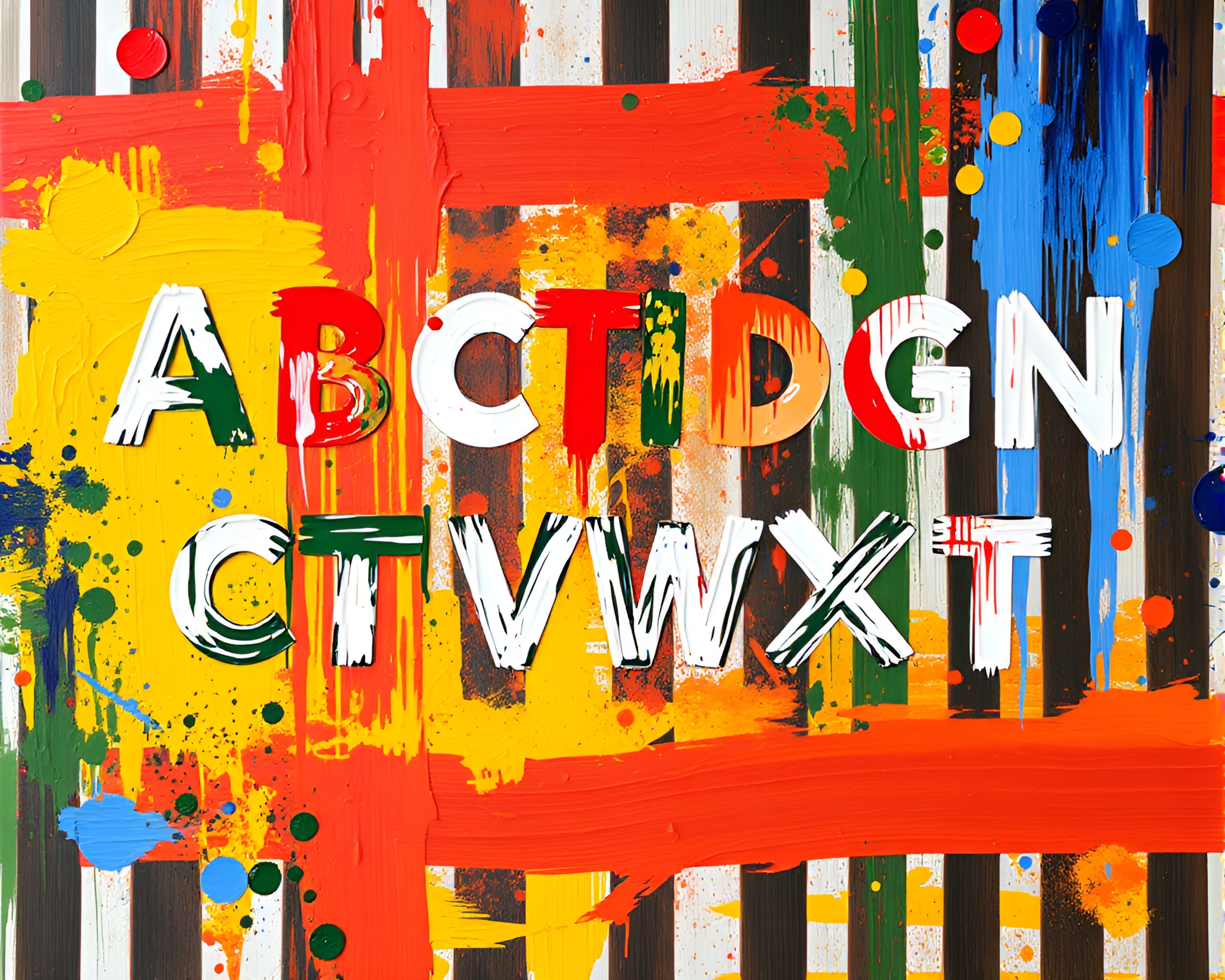 Vibrant Action: Runic Alphabet in Striped Paint Splatter – free AI stock image