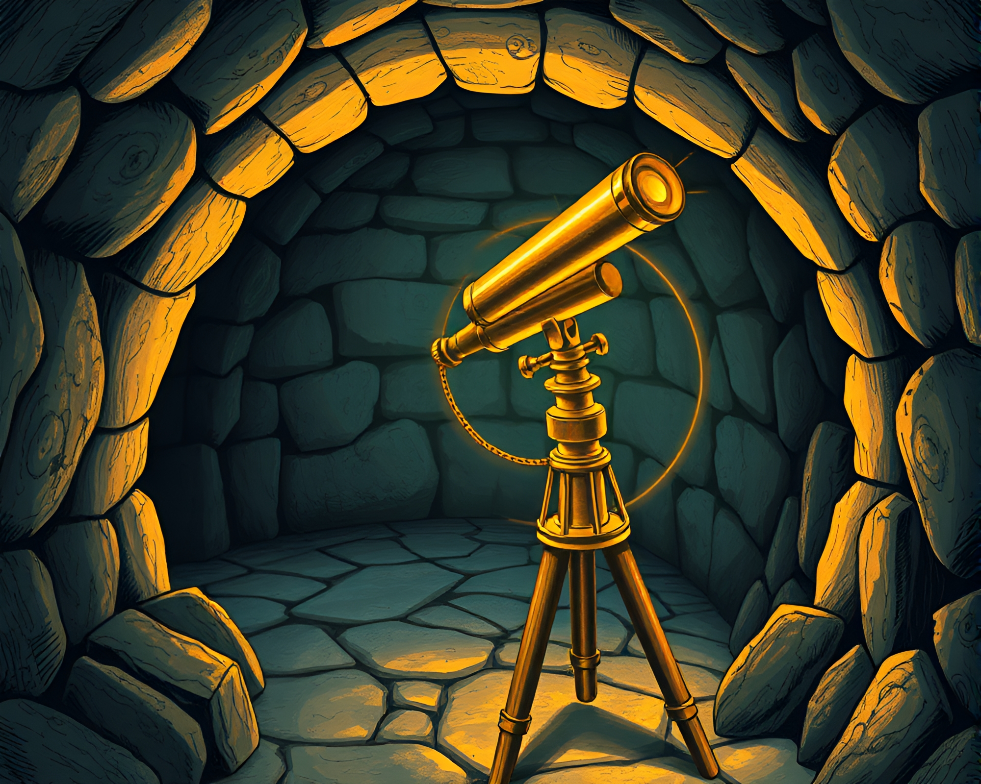 Brass Telescope in Golden Spiral Dungeon Torchlight – free AI stock image