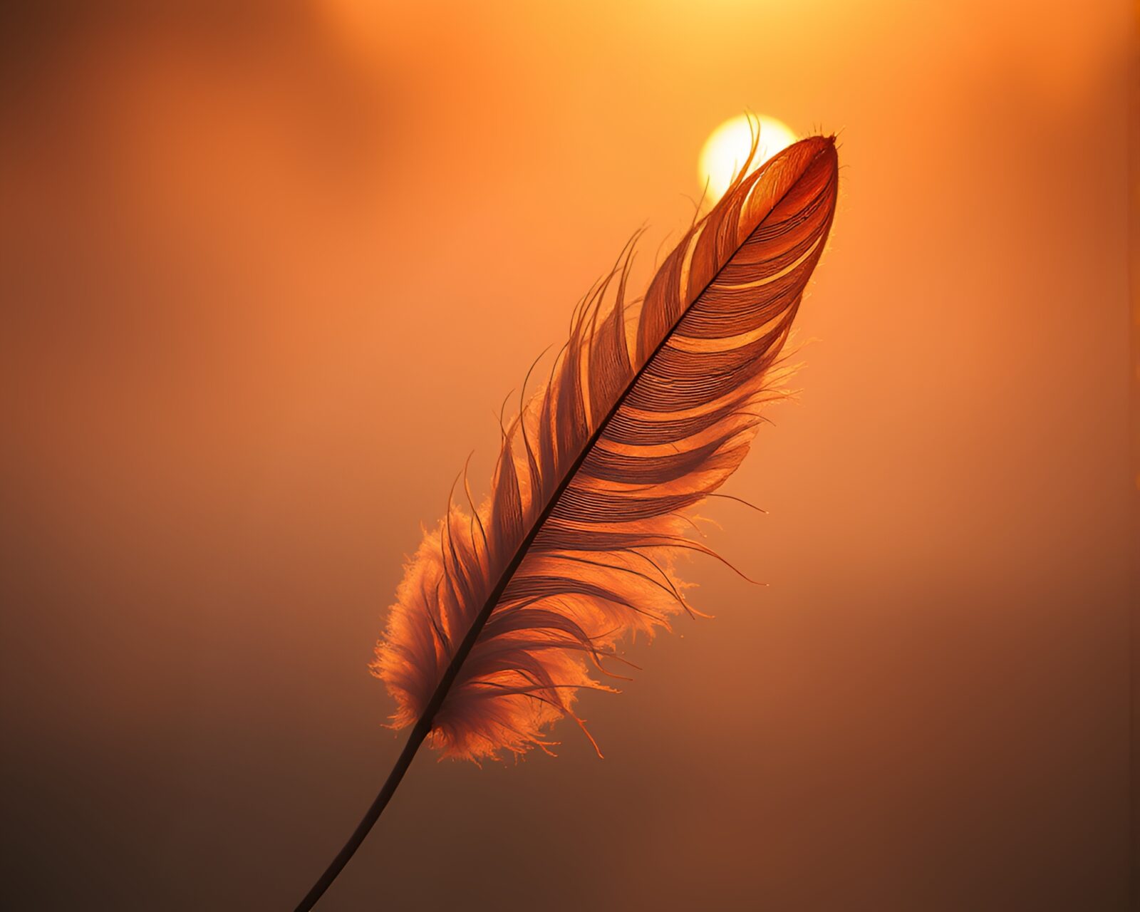 Ethereal siren gently dusting feathers at sunset in misty setting