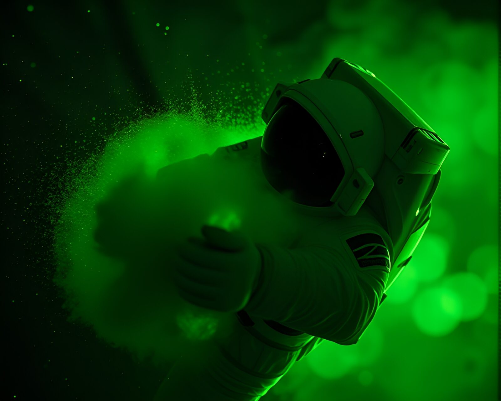 High-contrast noir image of astronaut in green forest