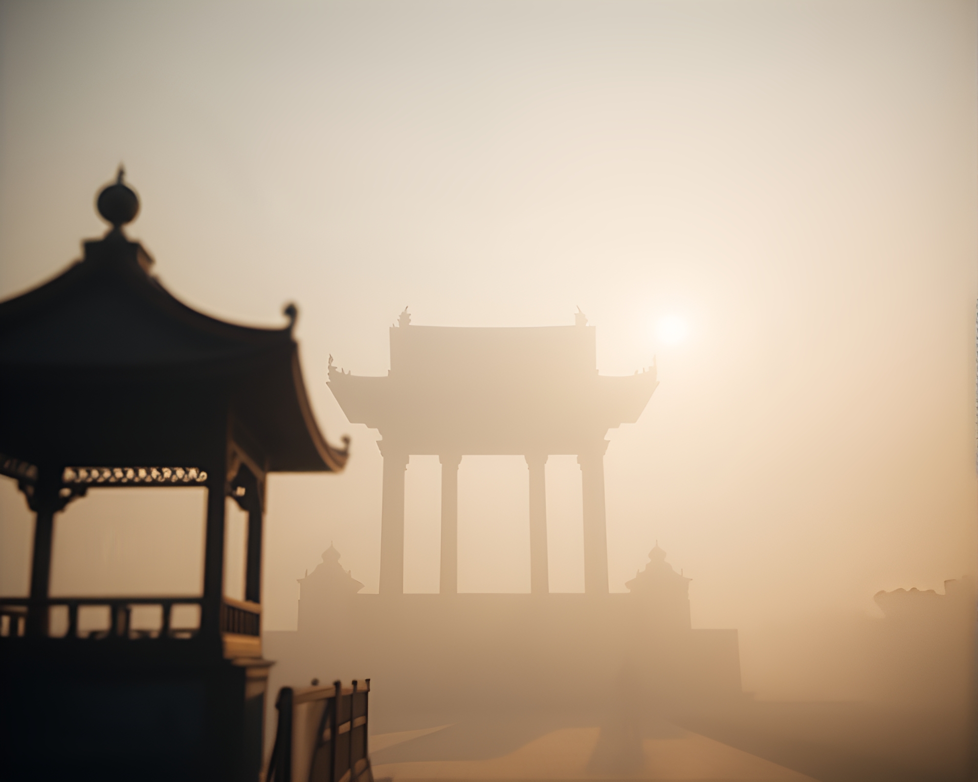Mystical Temple Enshrouded in Split Focus Haze – free AI stock image
